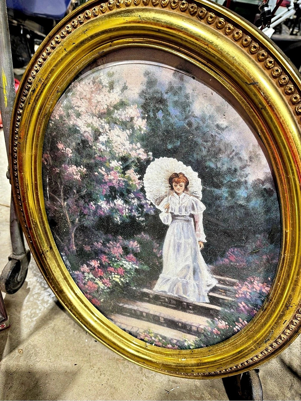 Framed Oval Garden Scene Painting
